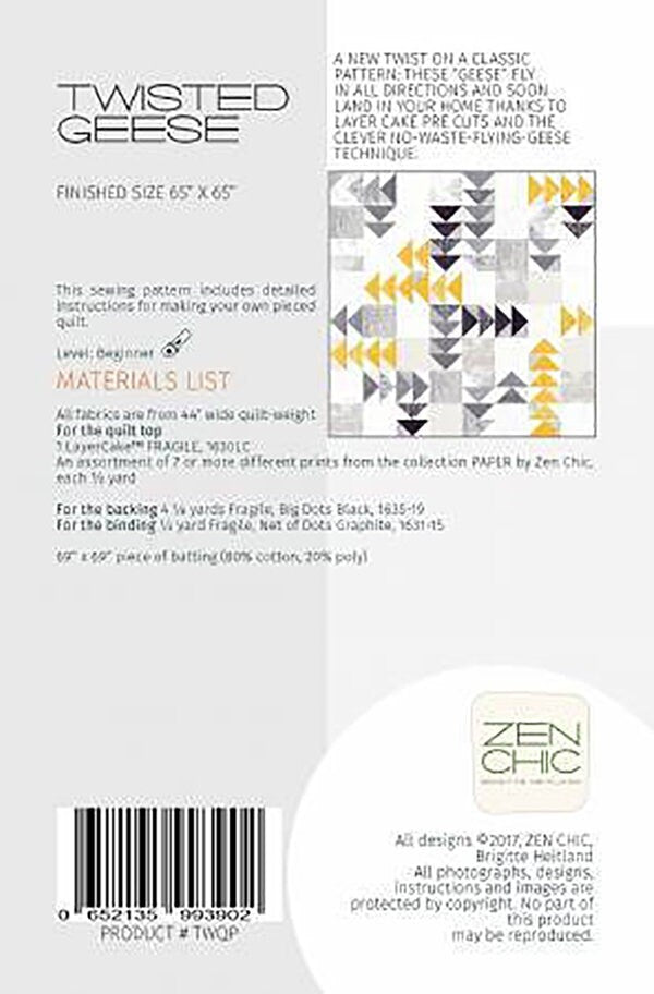 Patron de courtepointe Twisted Geese - Zen Chic - Brigitte Heitland - Moda - TGQP