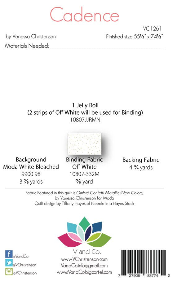 SOLDE !! Patron de courtepointe Cadence - Moda - V and Co. - Vanessa Christenson - VC 1261