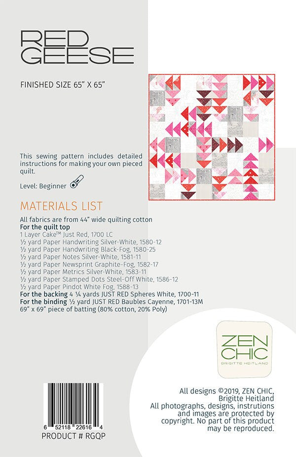 Red Geese Quilt Pattern - Zen Chic - Brigitte Heitland - Moda - Just Red - RGQP