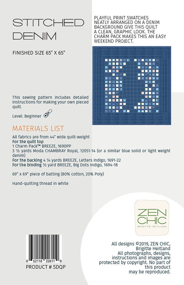 Stitched Denim Quilt Pattern - Zen Chic - Brigitte Heitland - Moda - SDQP - Chill Collection - Beginner