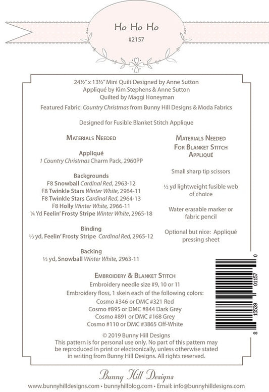 Ho Ho Ho Mini Quilt Pattern - Country Christmas - Bunny Hill Designs - Moda - BHD 2157