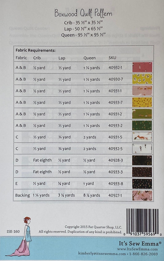 SALE!! Boxwood Quilt Pattern - Moda - It's Sew Emma - Tiger Lily - ISE 160