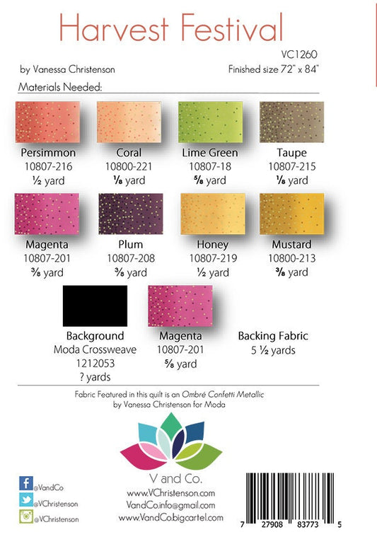 SALE!! Harvest Festival Quilt Pattern - Moda - V and Co - Vanessa Christenson - VC 1260 - Ombre Confetti Metallic
