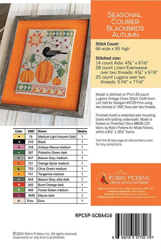 Seasonal Courier: Blackbird's Autumn Cross Stitch Pattern - Robin Pickens - Moda - RPCSP SCBA416