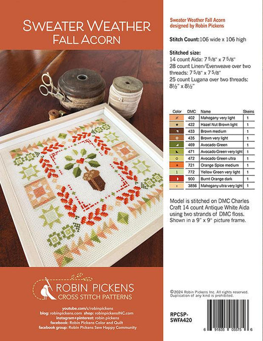 Sweater Weather: Fall Acorn Cross Stitch Pattern - Robin Pickens - RPCSP SWFA420