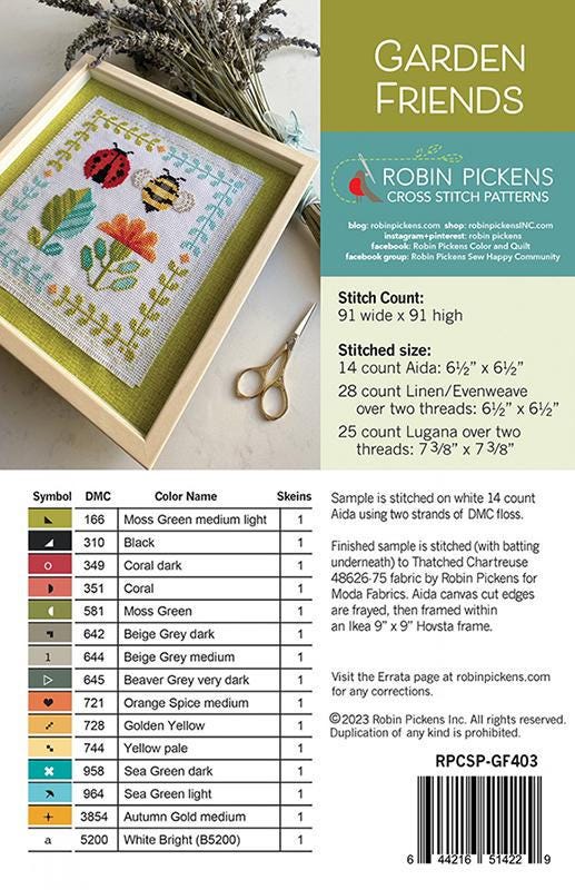 Garden Friends Cross Stitch Pattern - Robin Pickens - Moda - RPCSP GF403