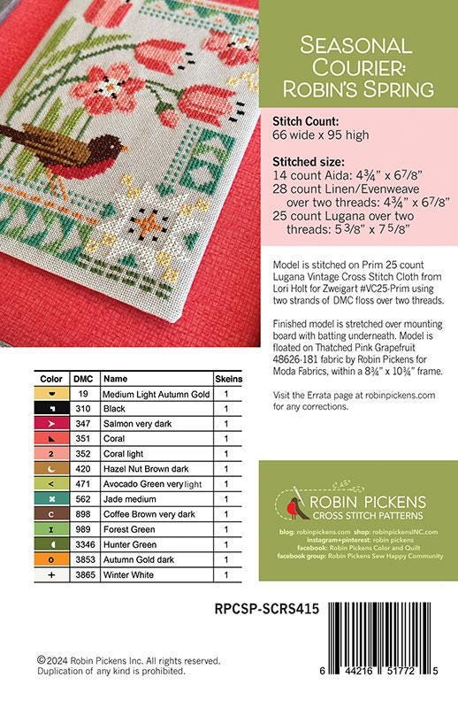 Seasonal Courier: Robin's Spring Cross Stitch Pattern - Robin Pickens - Moda - RPCSP SCRS415