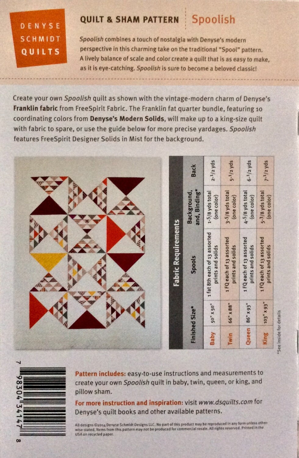 SOLDES !! Patron de courtepointe et taie d'oreiller Spoolish - Denyse Schmidt - Denyse Schmidt Quilts - DSQ 014