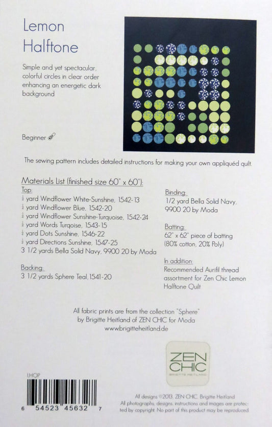 Lemon Halftone Quilt Pattern - Zen Chic - Brigitte Heitland - Moda - LHQP - Sphere Collection - Beginner