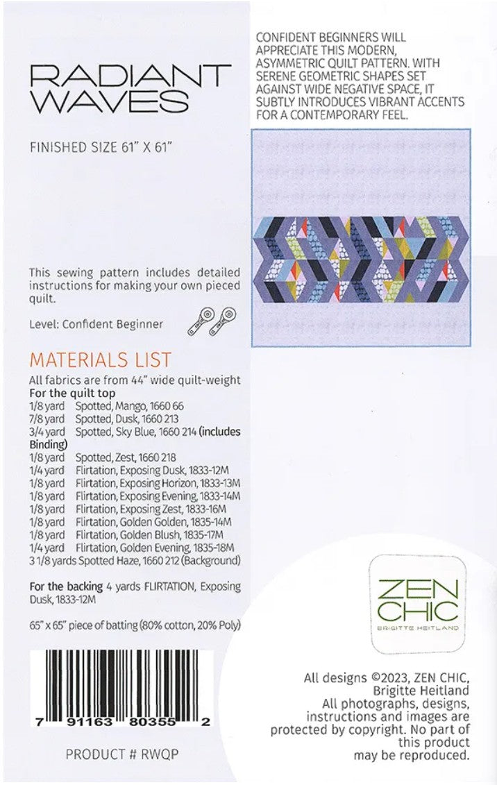 Radiant Waves Quilt Pattern - Zen Chic - Brigitte Heitland - Moda - ZC RWQP