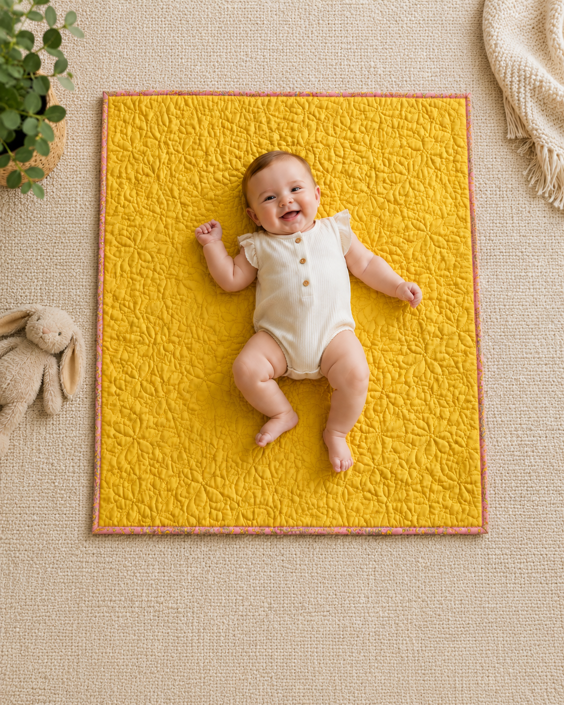 Wholecloth Baby Quilt – Bee, Flower & Dragonfly Quilting – 33" x 40"