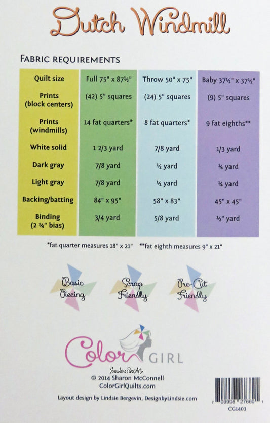 SALE!! Dutch Windmill Quilt Pattern - Color Girl Quilts - Sharon McConnell - CG1403