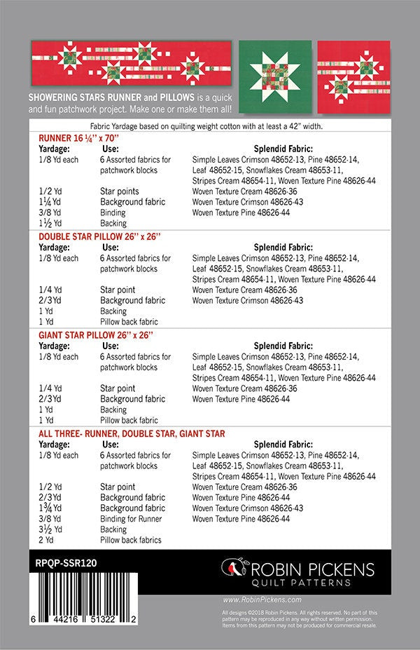 Showering Stars Runner and Pillow Covers Quilt Pattern - Splendid - Robin Pickens - Moda - RPQP SSR120