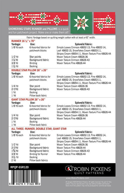 Showering Stars Runner and Pillow Covers Quilt Pattern - Splendid - Robin Pickens - Moda - RPQP SSR120