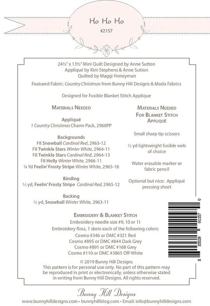 Ho Ho Ho Mini Quilt Pattern - Country Christmas - Bunny Hill Designs - Moda - BHD 2157