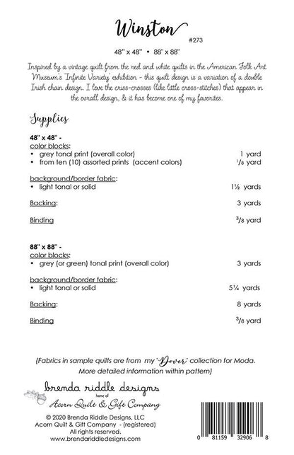 SALE!! Winston Quilt Pattern - Brenda Riddle - Acorn Quilt and Gift Company - AQ 273 - Dover Collection