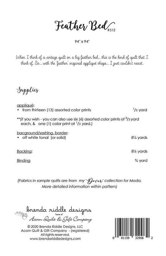 SALE!! Feather Bed Quilt Pattern - Brenda Riddle - Acorn Quilt and Gift Company - AQ 512 - Dover Collection