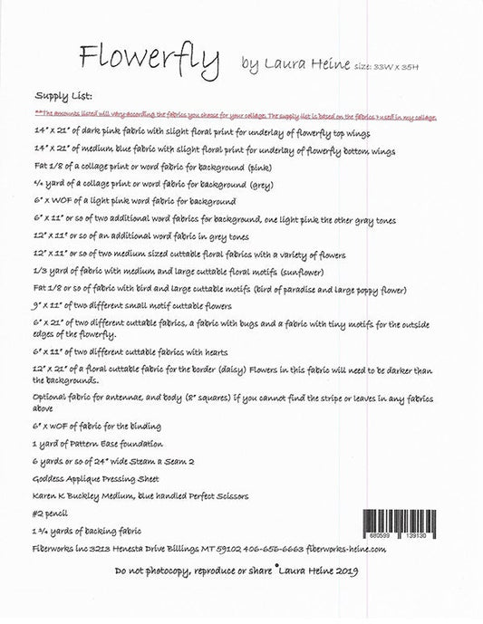 SALE!! Flowerfly Quilt Pattern - Laura Heine - Fiberworks - LHFW FLOWERFLY