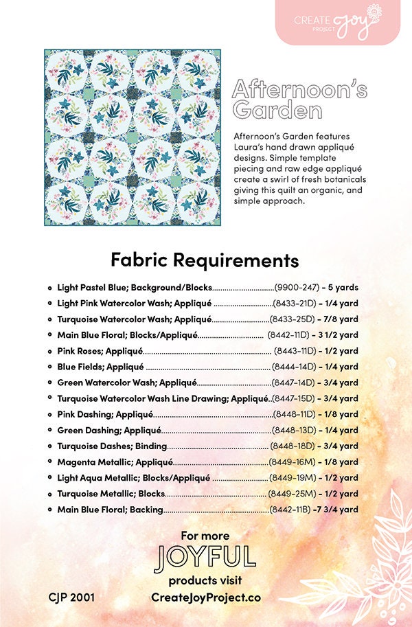 SALE!! Afternoon's Garden Quilt Pattern - Moda - Create Joy Project - Moody Bloom - CJP 2001