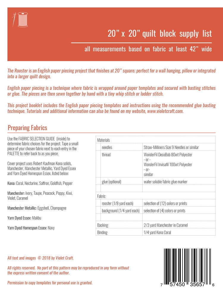 SALE!! The Rooster - Quilt Pattern - English Paper Piecing - Violet Craft - VC026