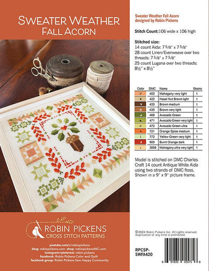 Sweater Weather: Fall Acorn Cross Stitch Pattern - Robin Pickens - RPCSP SWFA420