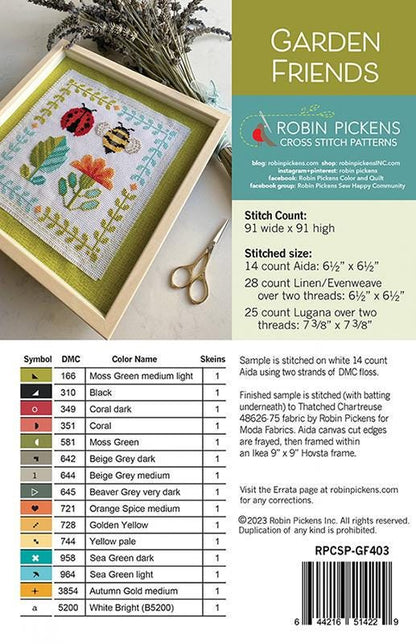 Garden Friends Cross Stitch Pattern - Robin Pickens - Moda - RPCSP GF403