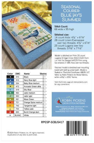 Seasonal Courier:  Blue Jay's Summer Cross Stitch Pattern - Robin Pickens - Moda - RPCSP SCBJS417