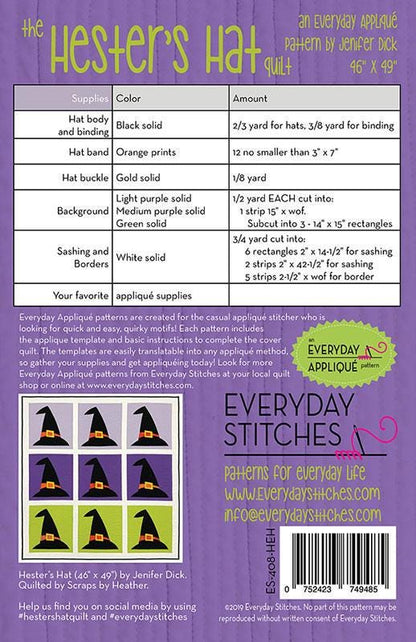 Hester's Hat APPLIQUE Quilt Pattern - Everyday Stitches - Moda - ES 408HEH