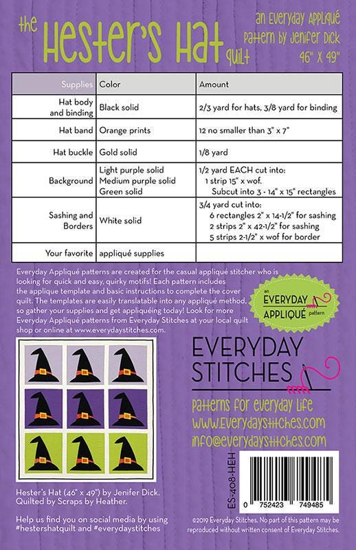 Hester's Hat APPLIQUE Quilt Pattern - Everyday Stitches - Moda - ES 408HEH