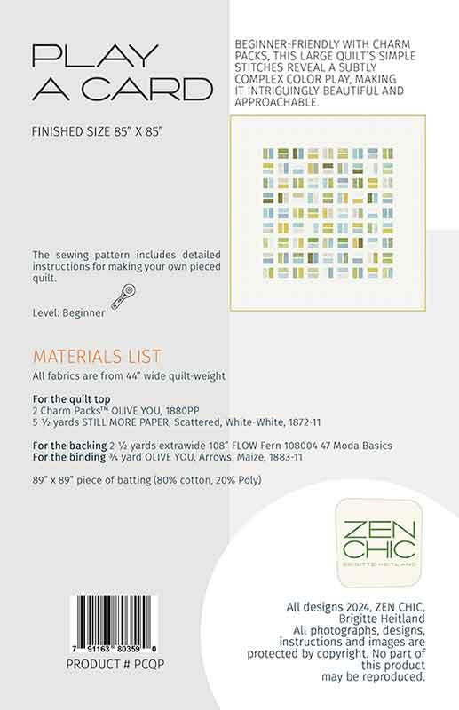 Play A Card Quilt Pattern - Zen Chic - Brigitte Heitland - Moda - ZC PCQP