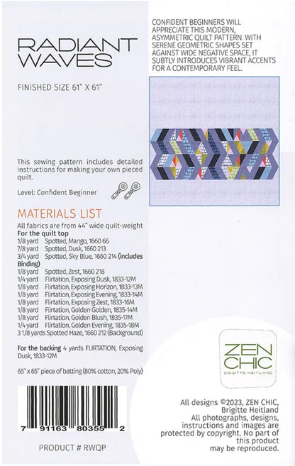 Radiant Waves Quilt Pattern - Zen Chic - Brigitte Heitland - Moda - ZC RWQP